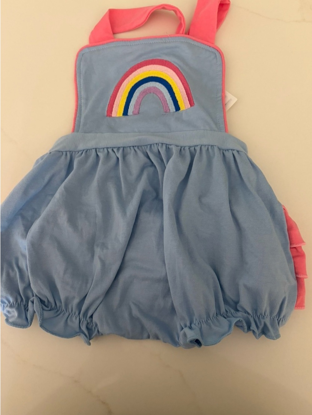 Light Blue Rainbow Appliqué Bubble Dress with Pink Straps